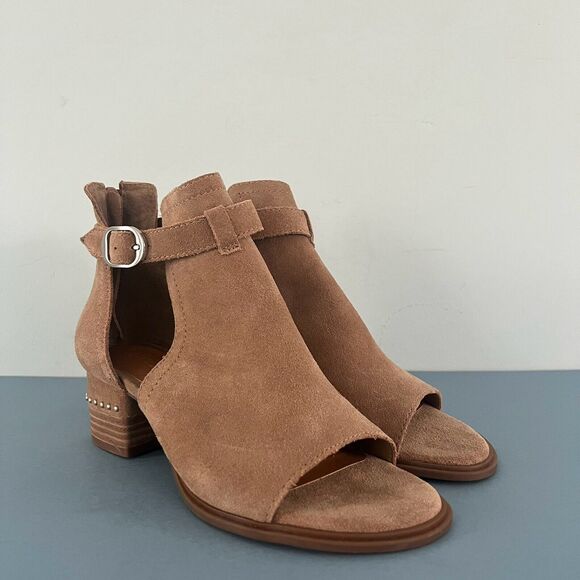 Chelsea & Violet Hendricks Suede Tan Peep Toe Cut Out Heel Shooties - Picture 1 of 8